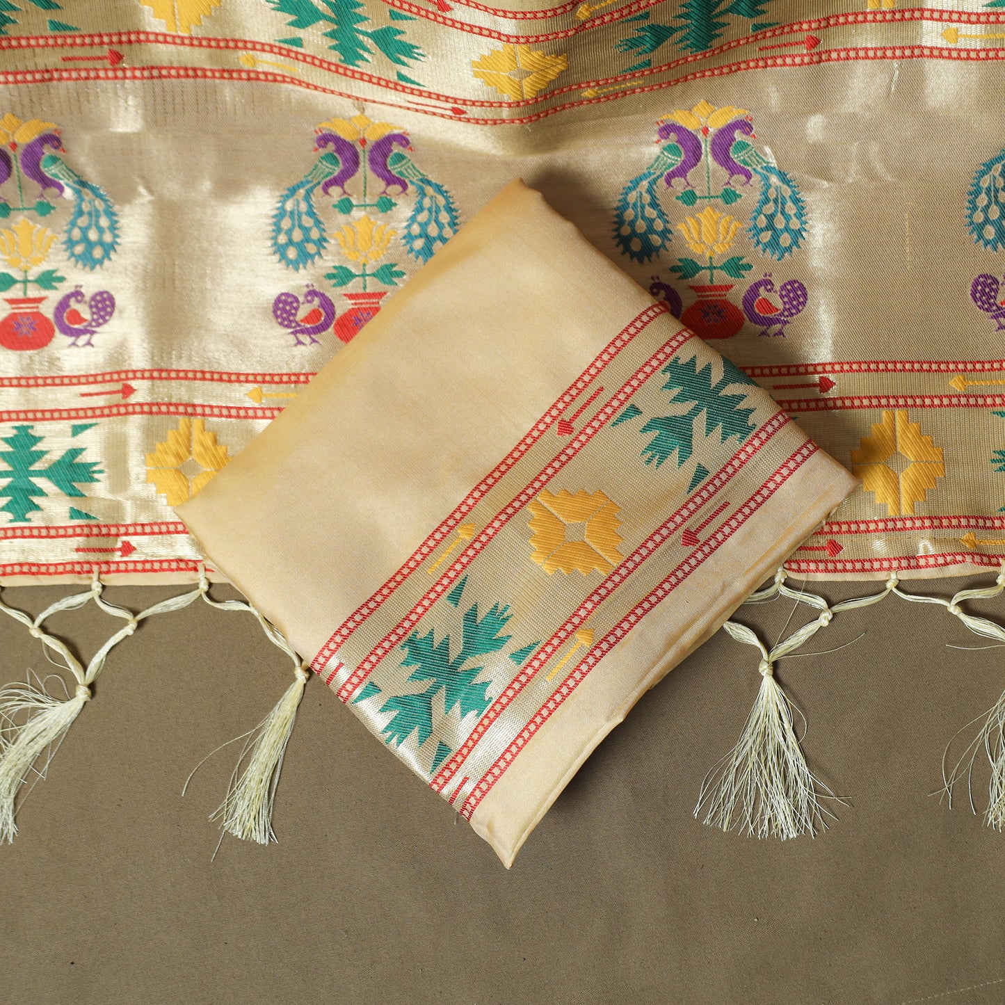 Beige - Bangalore Silk Paithani Weave 3pc Unstitched Dress Material Suit Set 18
