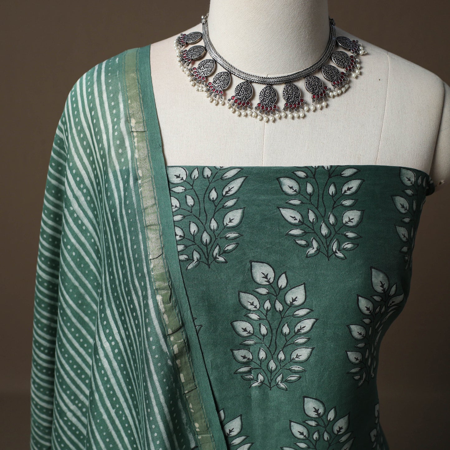 Akola Hand Block Print Chanderi Silk 2pc Unstitched Dress Material Kurta Set 13