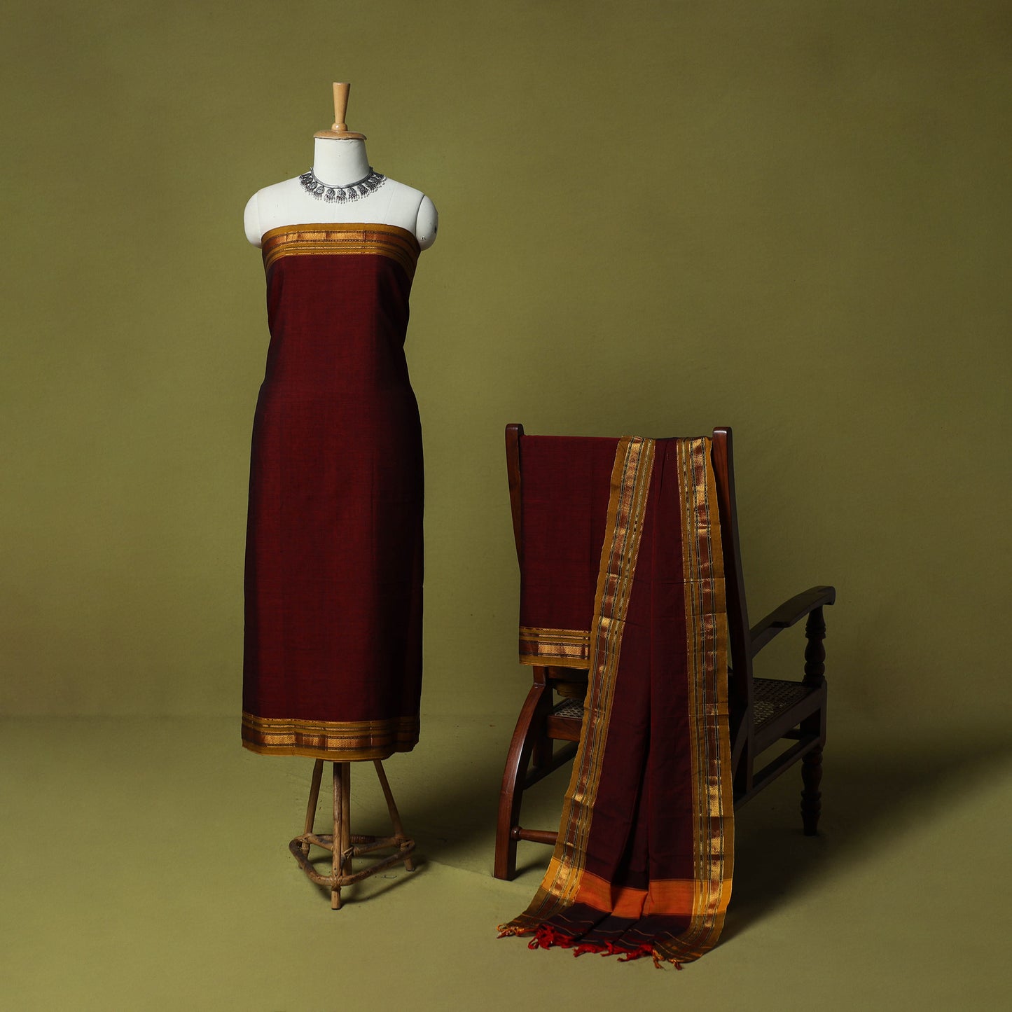 Dharwad Cotton 3pc Unstitched Dress Material Suit Set with Woven Zari Border 89