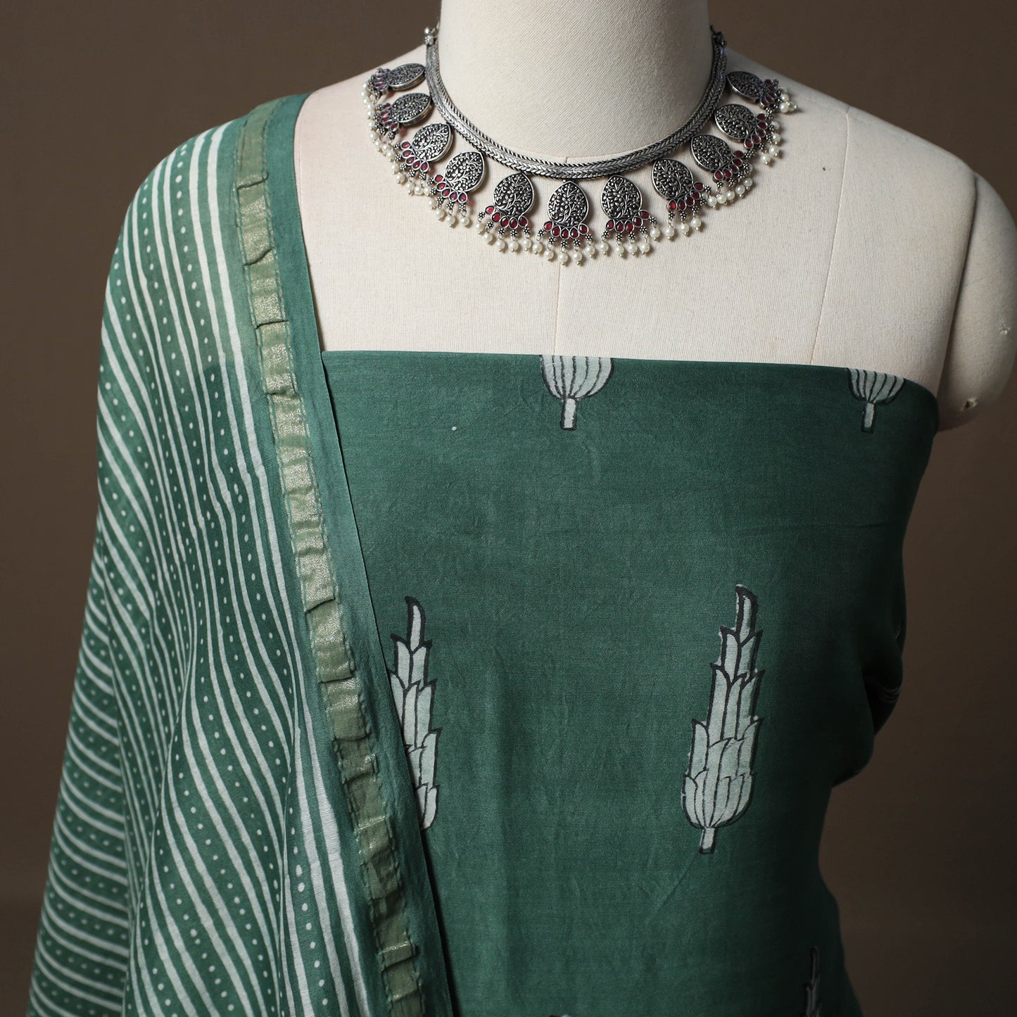Akola Hand Block Print Chanderi Silk 2pc Unstitched Dress Material Kurta Set 14