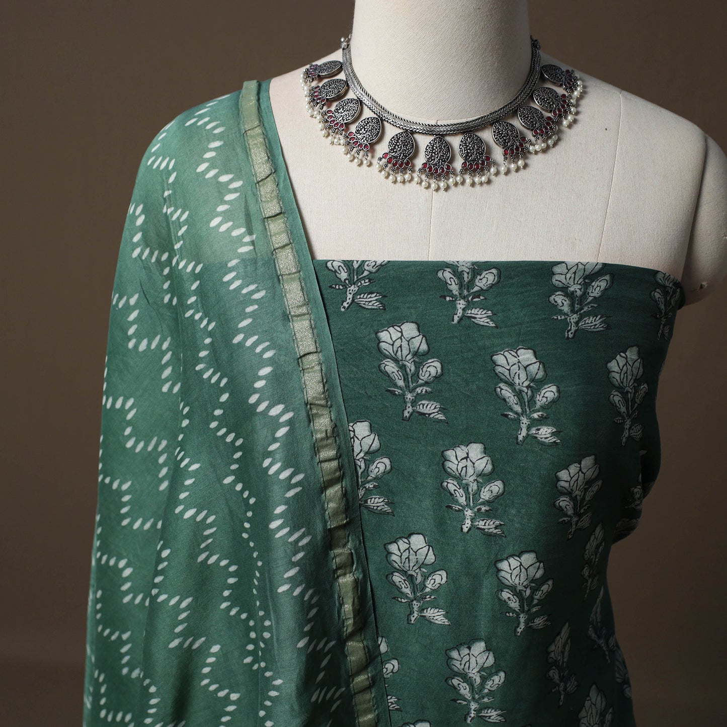 Akola Hand Block Print Chanderi Silk 2pc Unstitched Dress Material Kurta Set 15