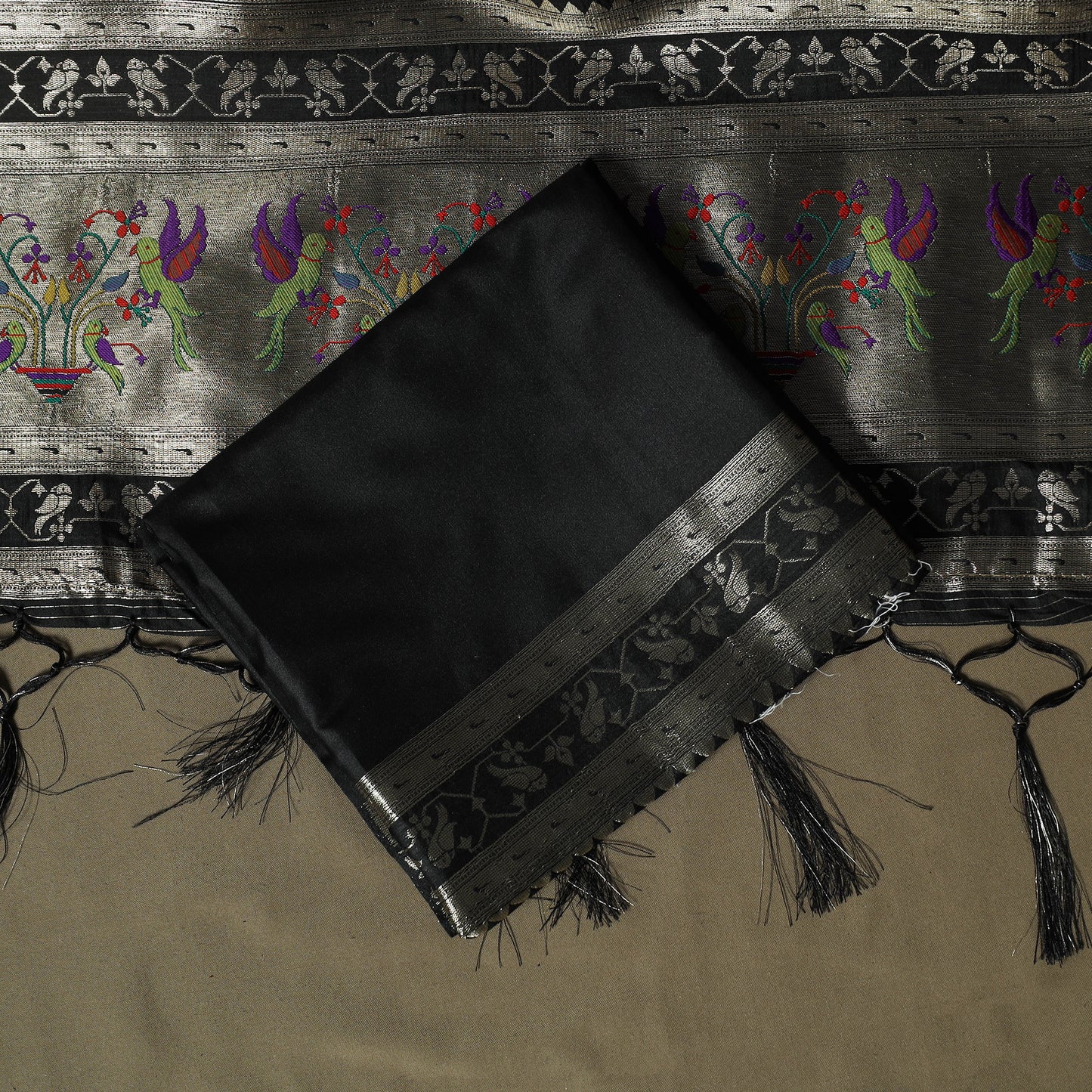Black - Bangalore Silk Paithani Weave 3pc Unstitched Dress Material Suit Set 21
