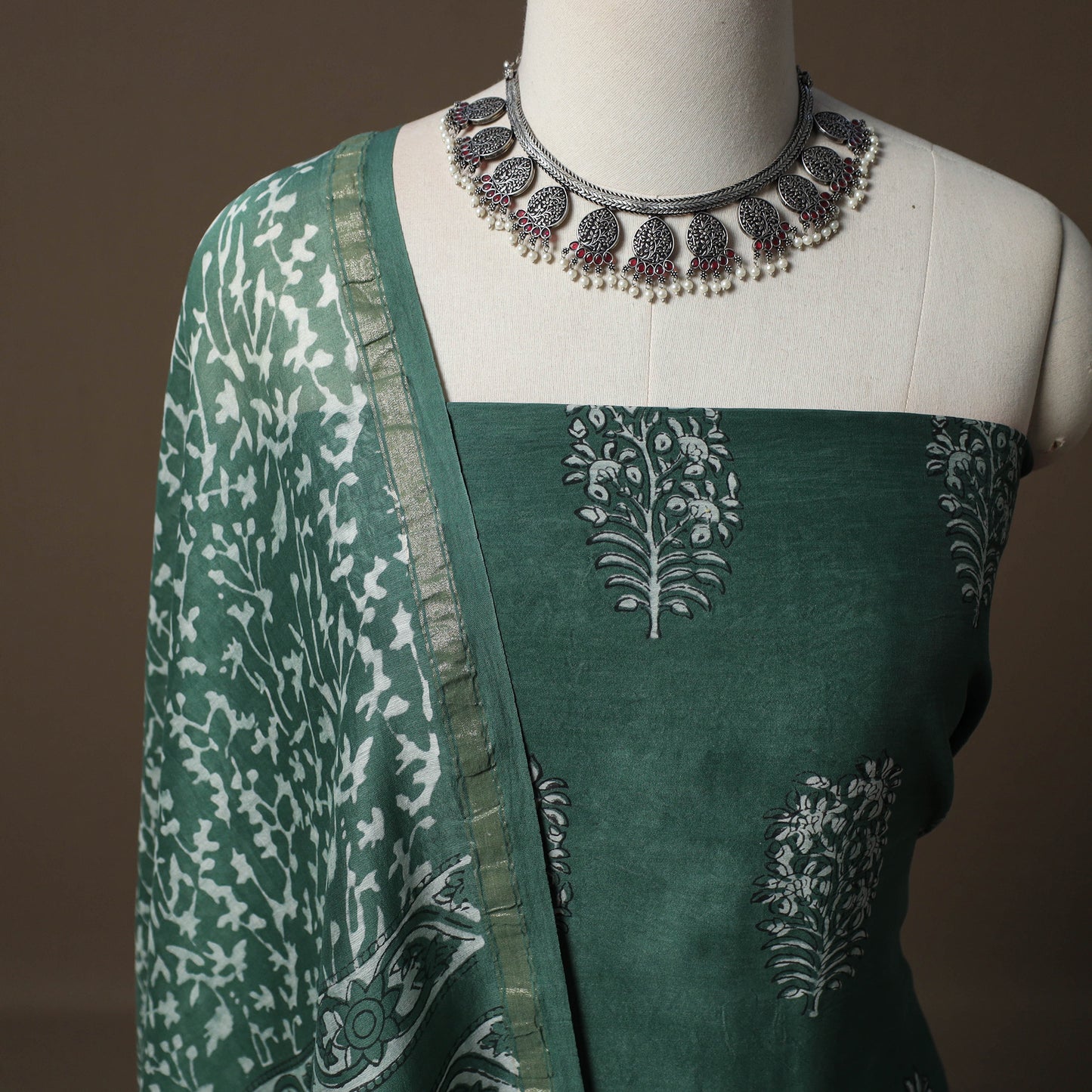 Akola Hand Block Print Chanderi Silk 2pc Unstitched Dress Material Kurta Set 19
