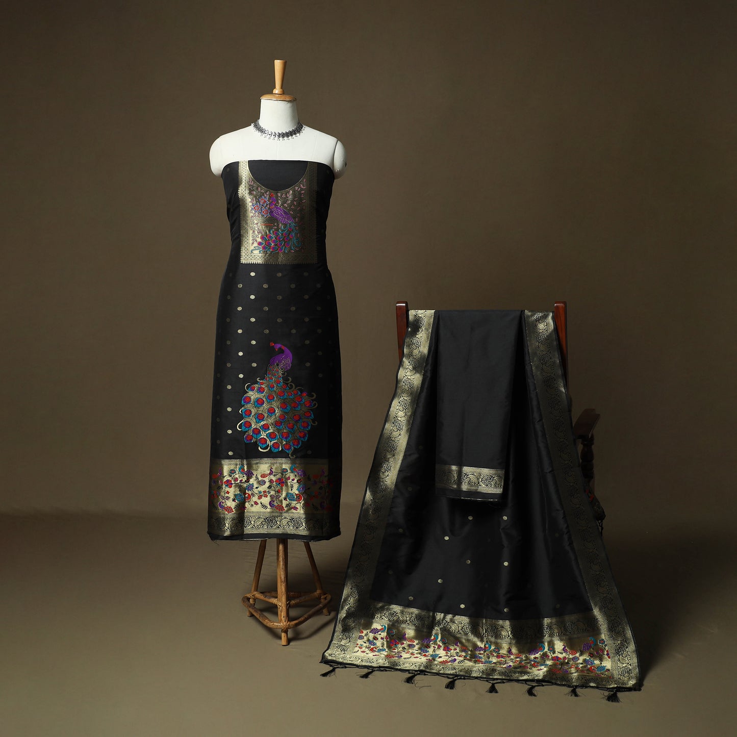 Black - Bangalore Silk Paithani Weave 3pc Unstitched Dress Material Suit Set 22