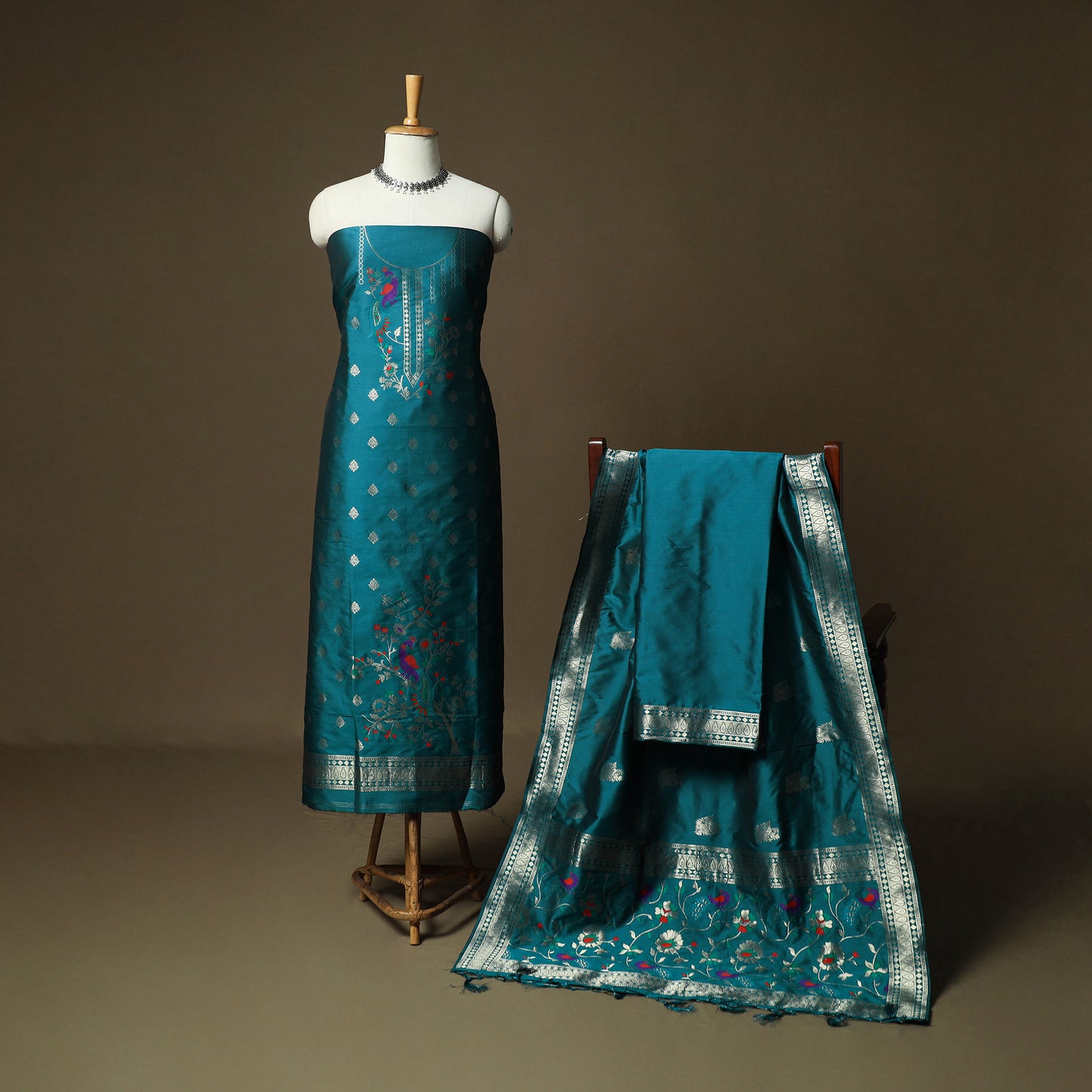 Green - Bangalore Silk Paithani Weave 3pc Unstitched Dress Material Suit Set 23