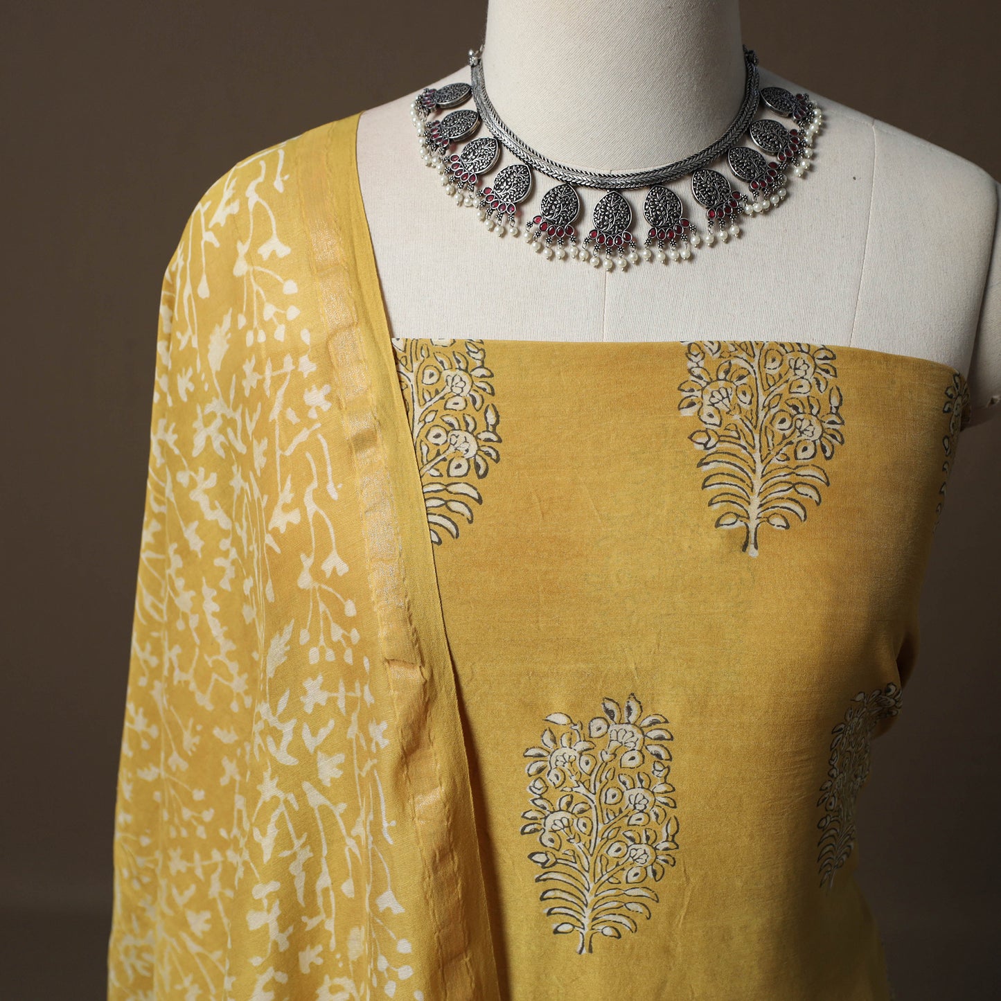 Akola Hand Block Print Chanderi Silk 2pc Unstitched Dress Material Kurta Set 22