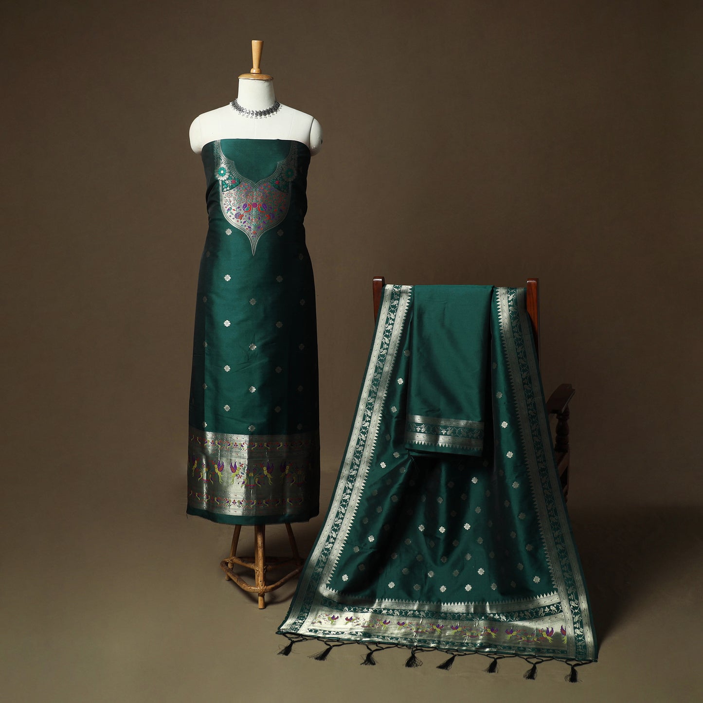 Green - Bangalore Silk Paithani Weave 3pc Unstitched Dress Material Suit Set 24