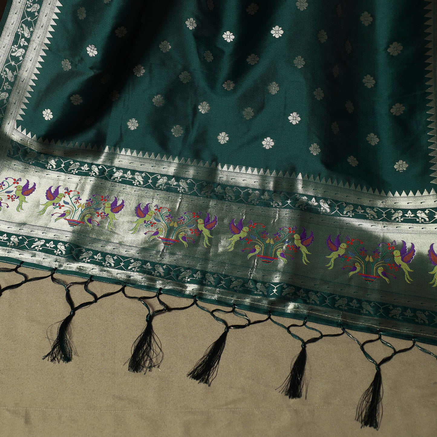 Green - Bangalore Silk Paithani Weave 3pc Unstitched Dress Material Suit Set 24