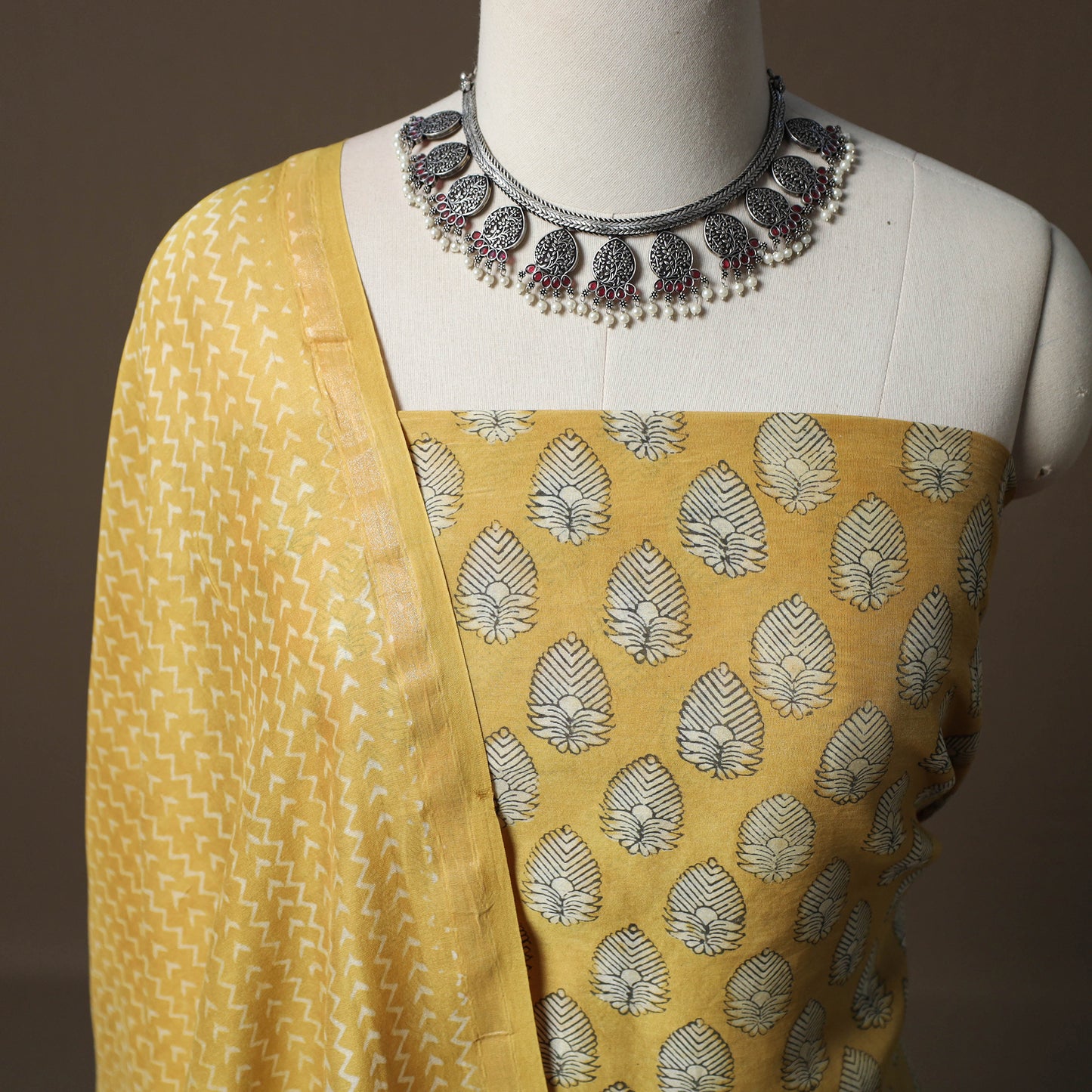 Akola Hand Block Print Chanderi Silk 2pc Unstitched Dress Material Kurta Set 25