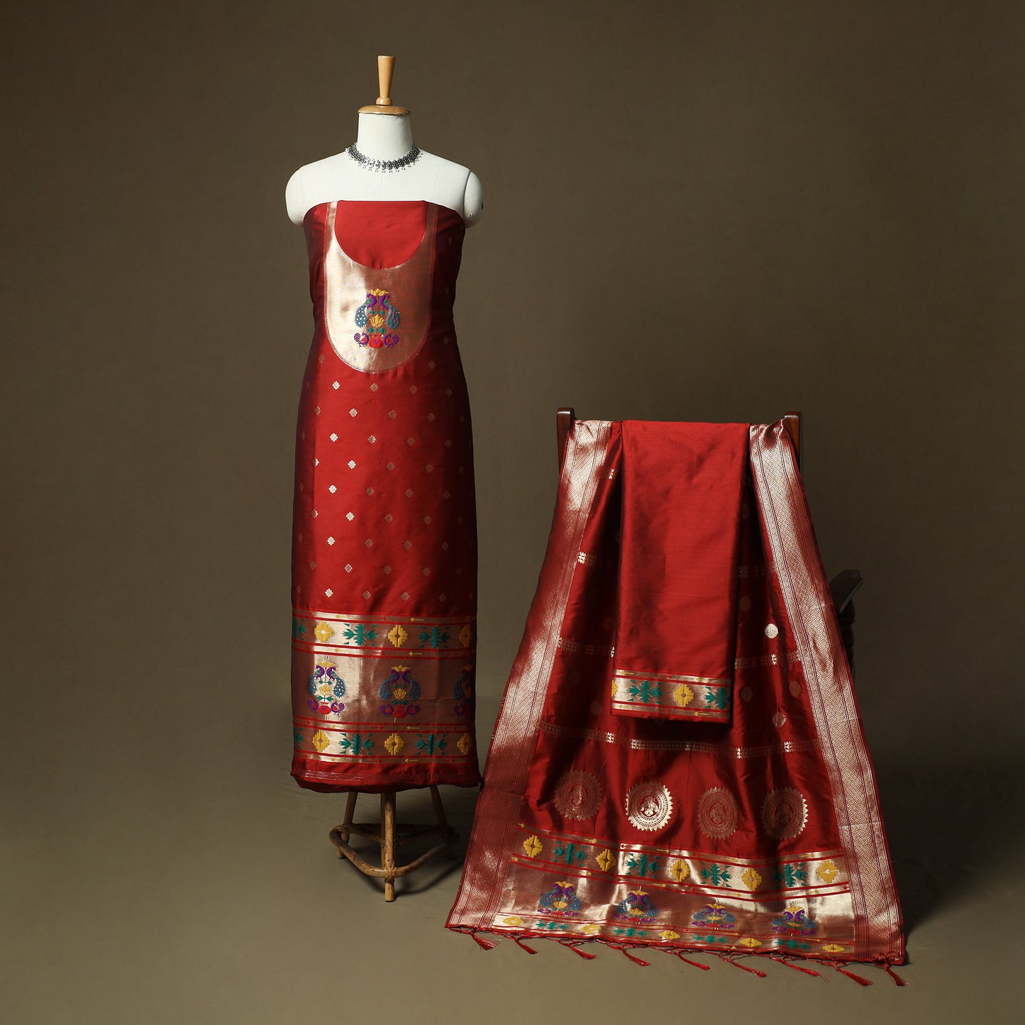 Red - Bangalore Silk Paithani Weave 3pc Unstitched Dress Material Suit Set 25