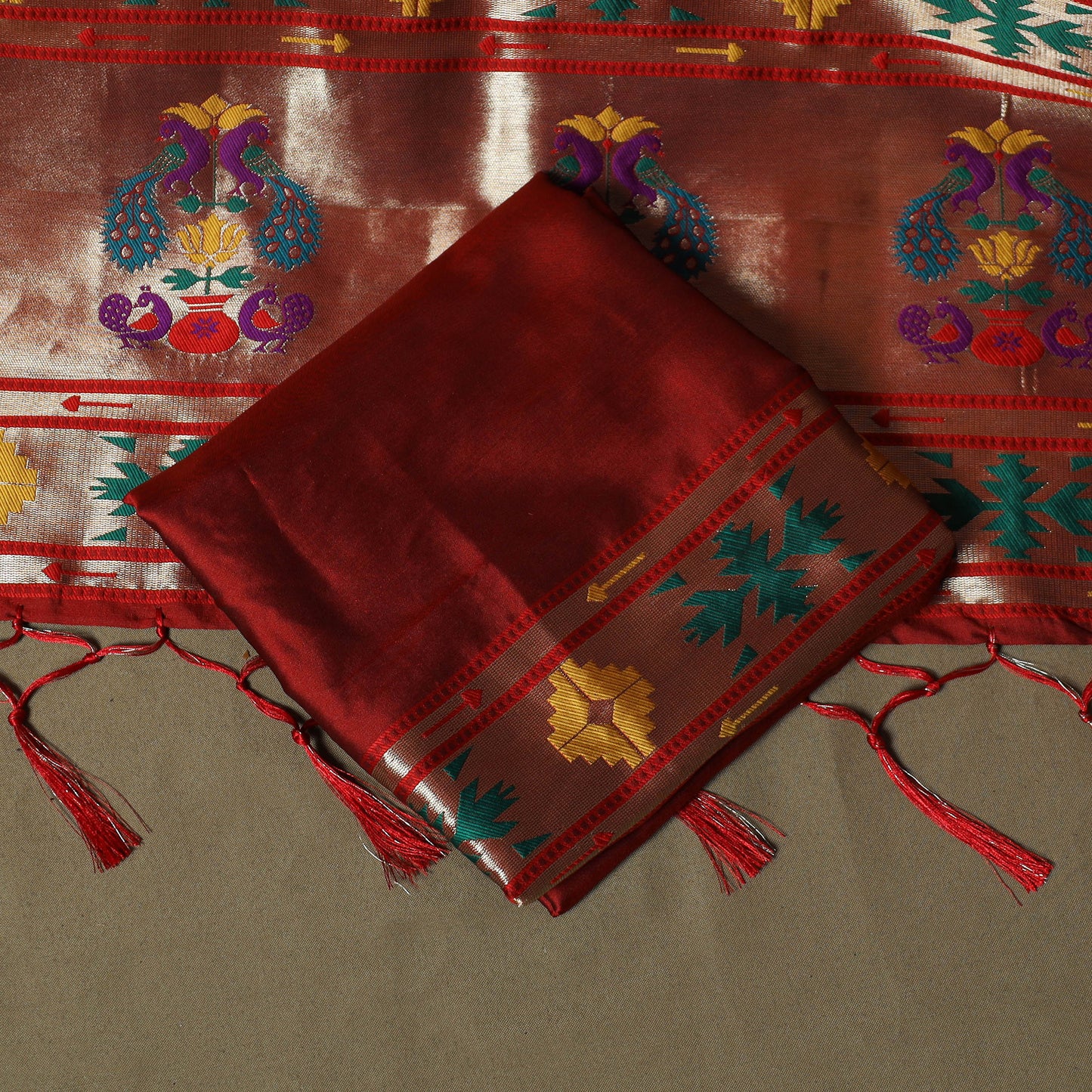 Red - Bangalore Silk Paithani Weave 3pc Unstitched Dress Material Suit Set 25