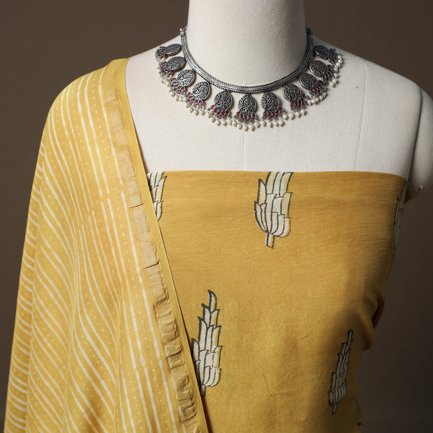 Akola Hand Block Print Chanderi Silk 2pc Unstitched Dress Material Kurta Set 27