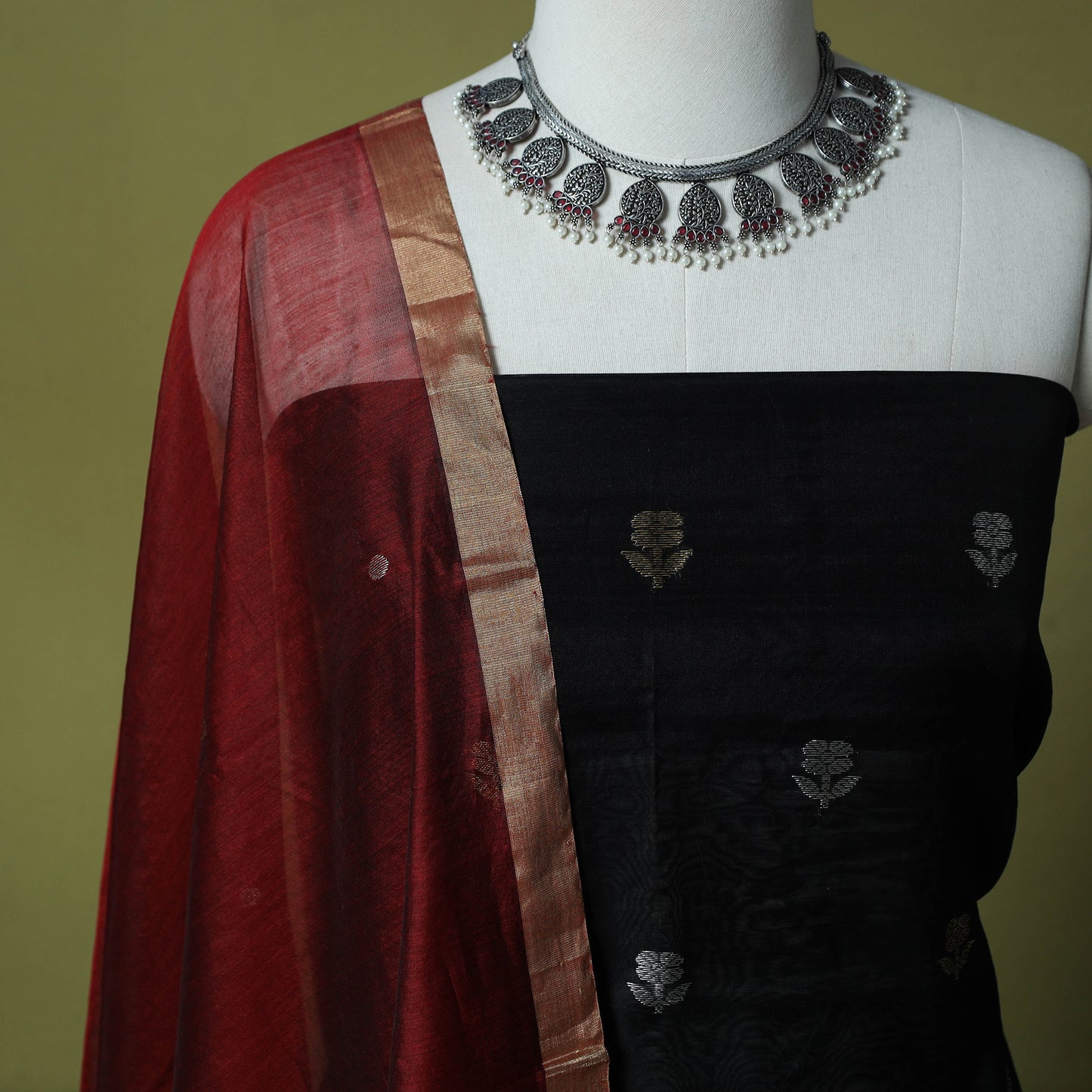 Black - Handloom Zari Buti Chanderi Silk 2pc Unstitched Dress Material Kurta Set 01