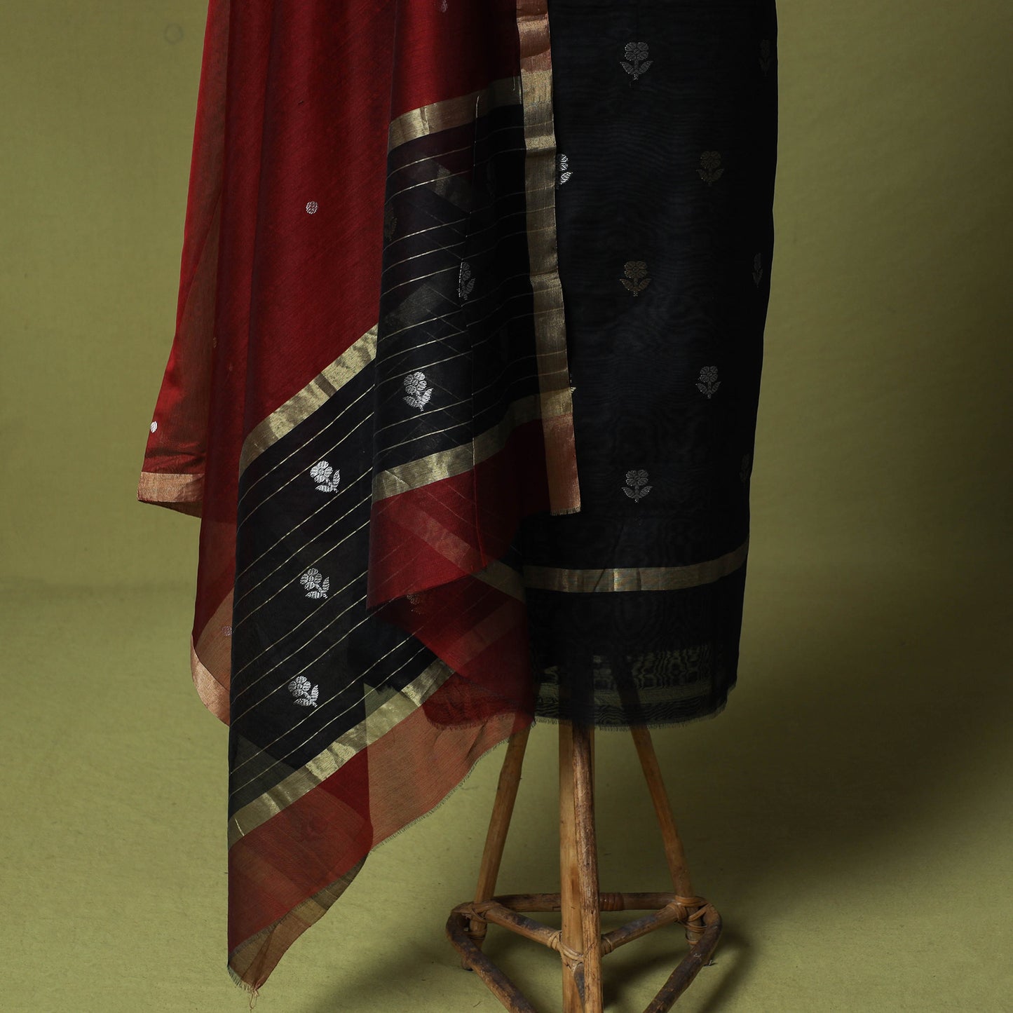 Black - Handloom Zari Buti Chanderi Silk 2pc Unstitched Dress Material Kurta Set 01