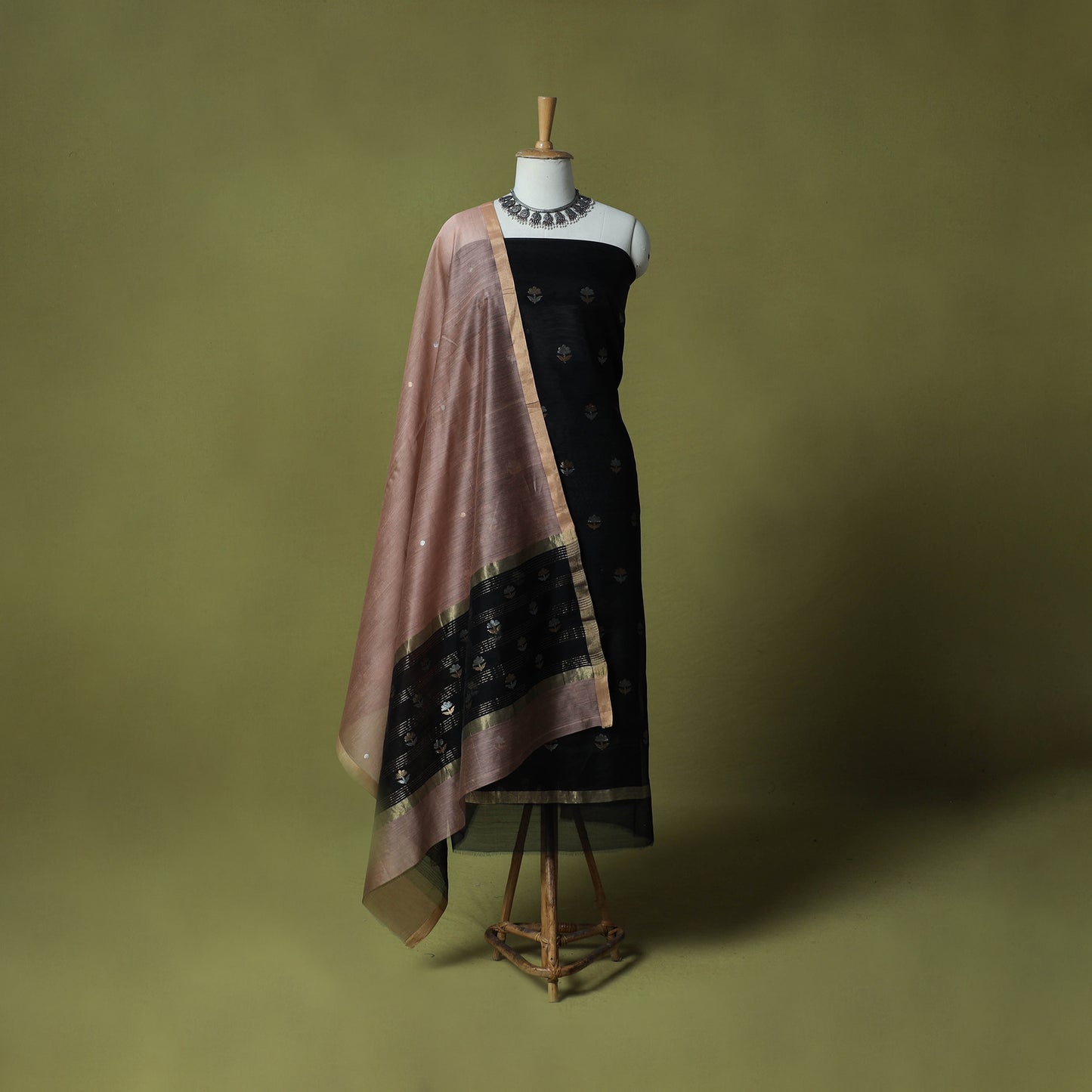 Black - Handloom Zari Buti Chanderi Silk 2pc Unstitched Dress Material Kurta Set 02