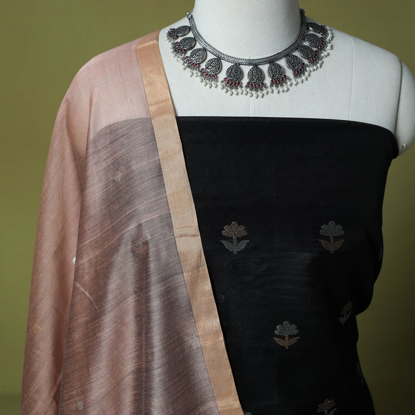Black - Handloom Zari Buti Chanderi Silk 2pc Unstitched Dress Material Kurta Set 02