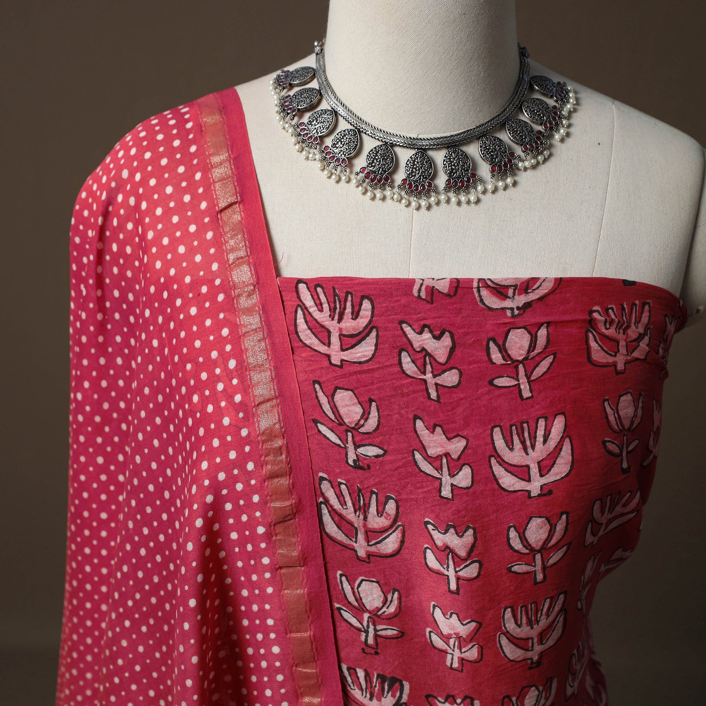 Akola Hand Block Print Chanderi Silk 2pc Unstitched Dress Material Kurta Set 38