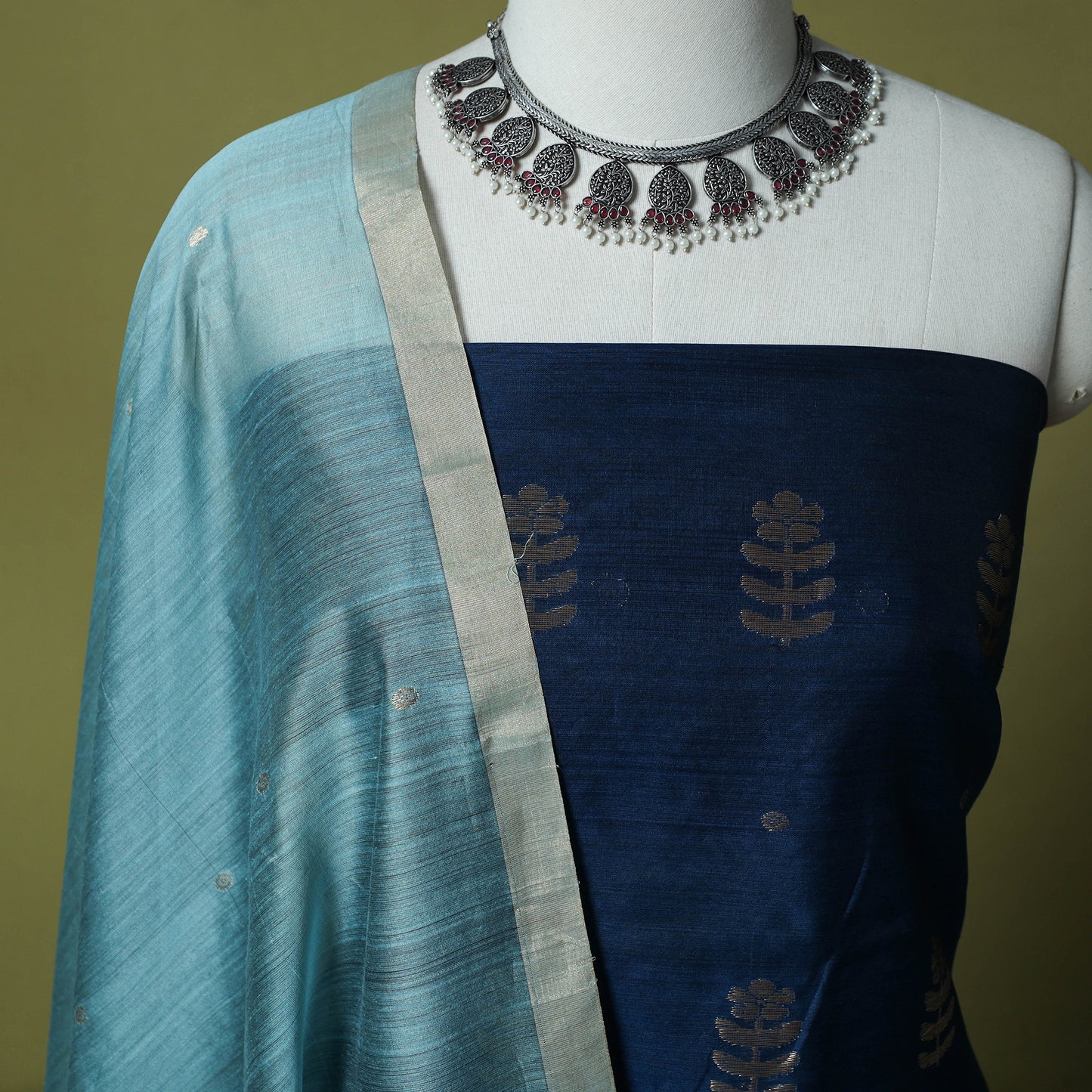Blue - Handloom Zari Buti Chanderi Silk 2pc Unstitched Dress Material Kurta Set 03