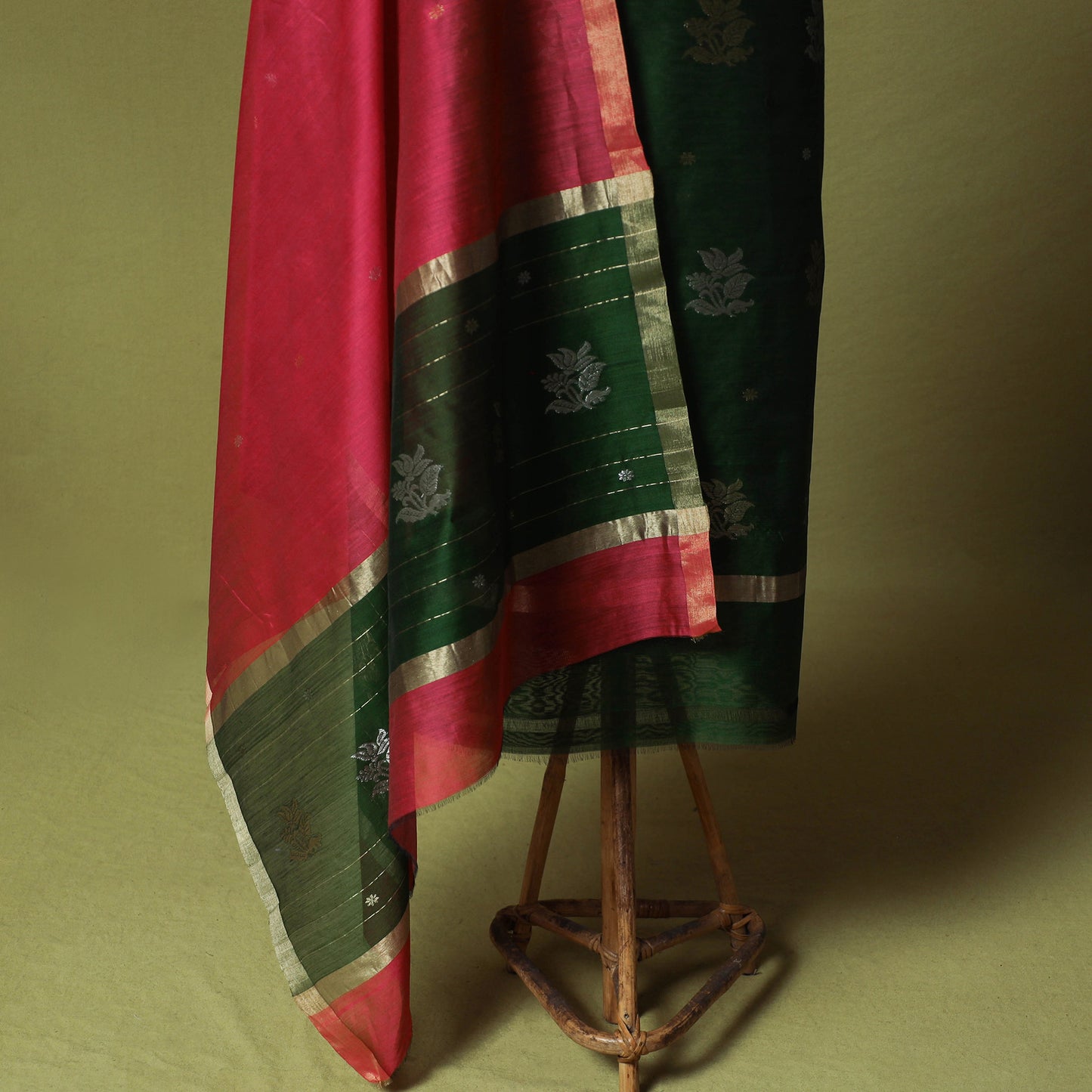 Green - Handloom Zari Buti Chanderi Silk 2pc Unstitched Dress Material Kurta Set 04