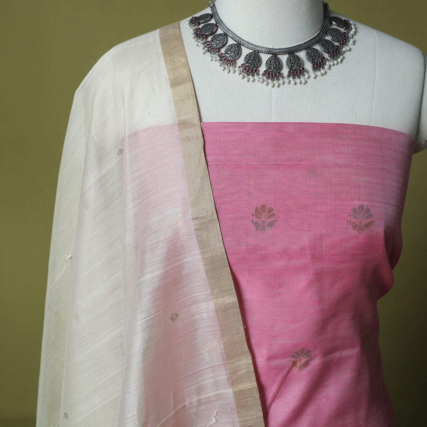 Pink - Handloom Zari Buti Chanderi Silk 2pc Unstitched Dress Material Kurta Set 05