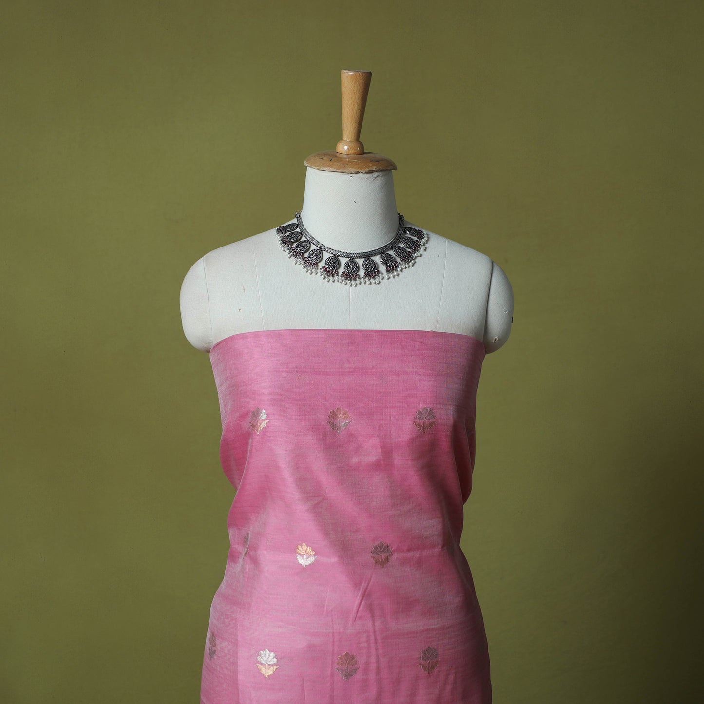 Pink - Handloom Zari Buti Chanderi Silk 2pc Unstitched Dress Material Kurta Set 05