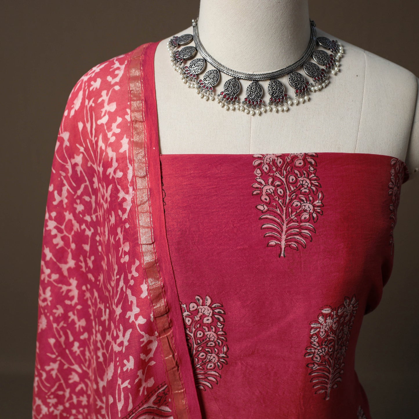 Akola Hand Block Print Chanderi Silk 2pc Unstitched Dress Material Kurta Set 41