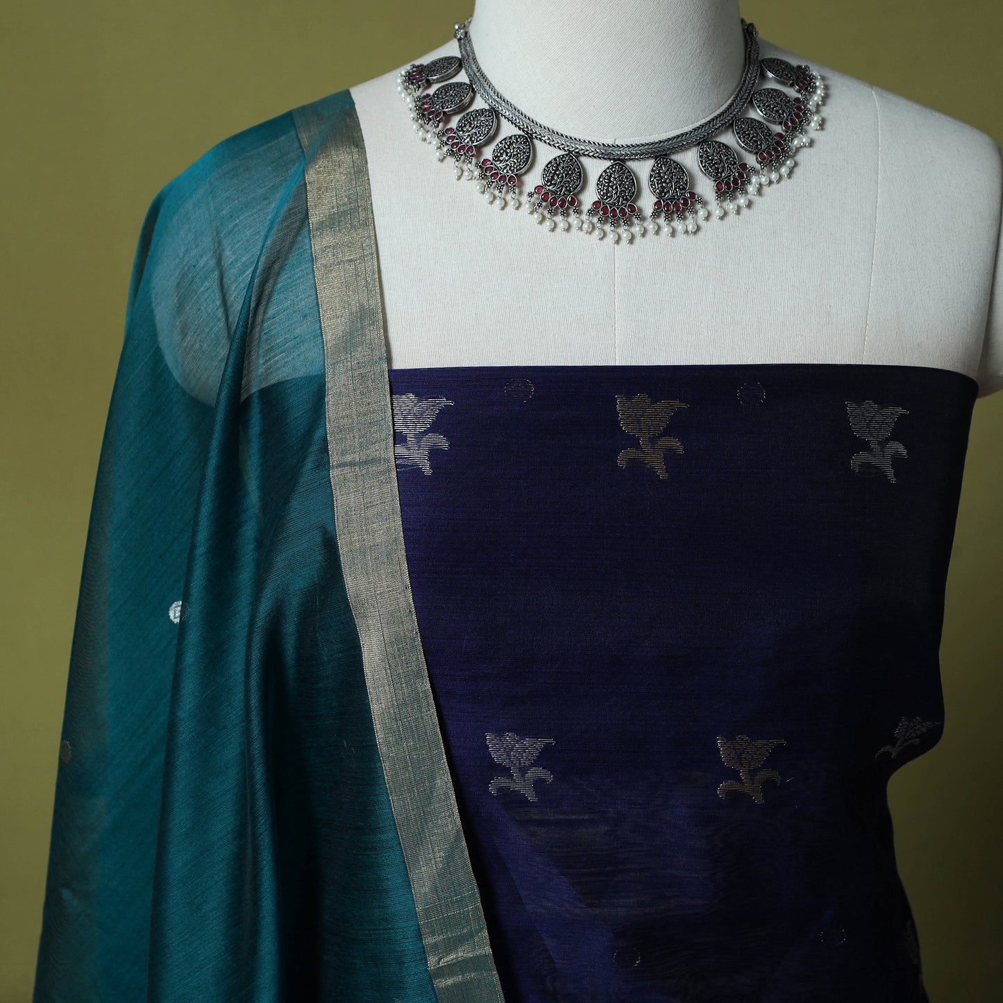 Blue - Handloom Zari Buti Chanderi Silk 2pc Unstitched Dress Material Kurta Set 06