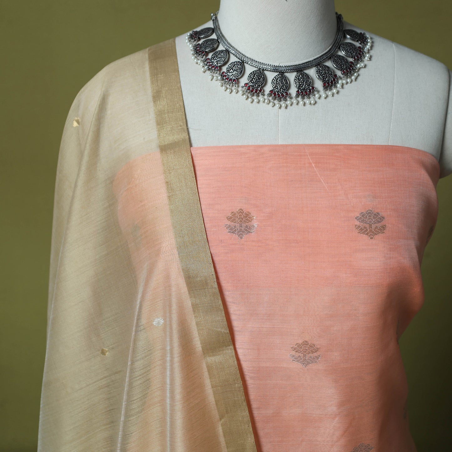 Peach - Handloom Zari Buti Chanderi Silk 2pc Unstitched Dress Material Kurta Set 07