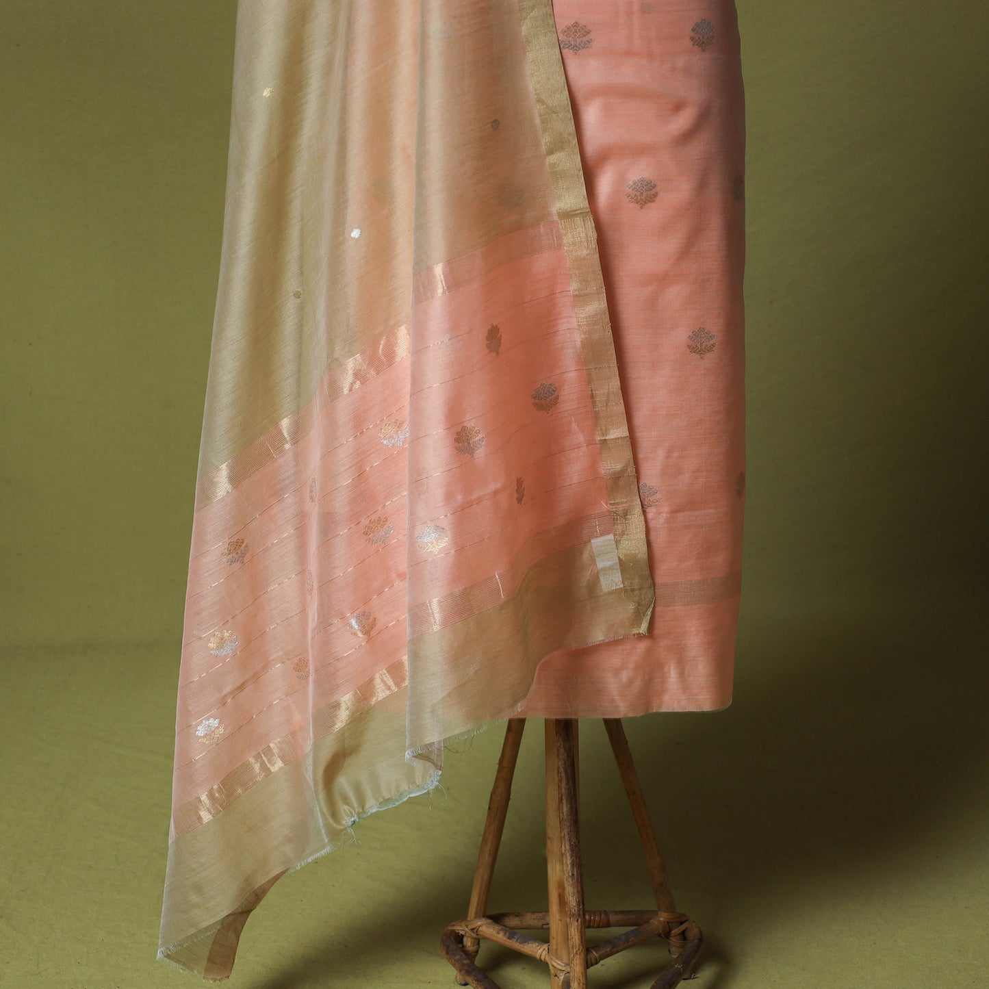 Peach - Handloom Zari Buti Chanderi Silk 2pc Unstitched Dress Material Kurta Set 07