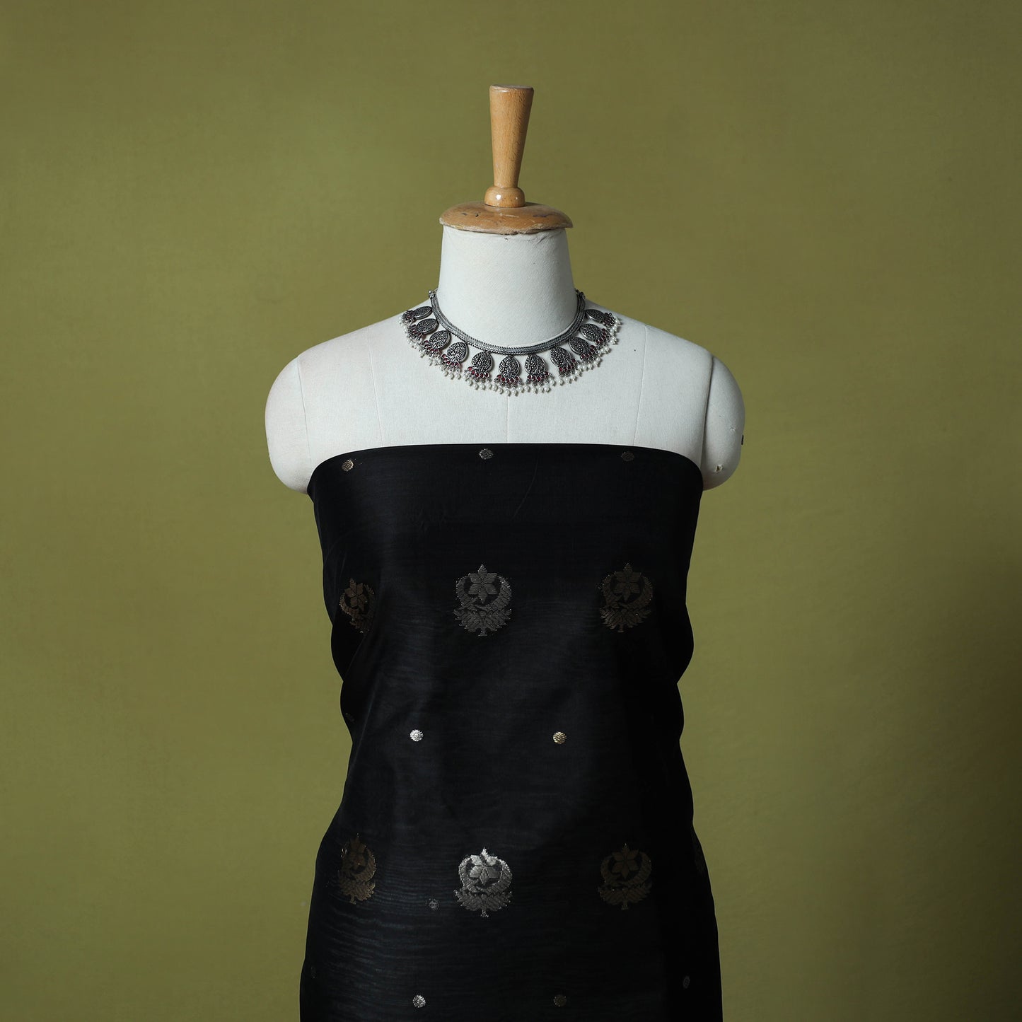 Black - Handloom Zari Buti Chanderi Silk 2pc Unstitched Dress Material Kurta Set 08