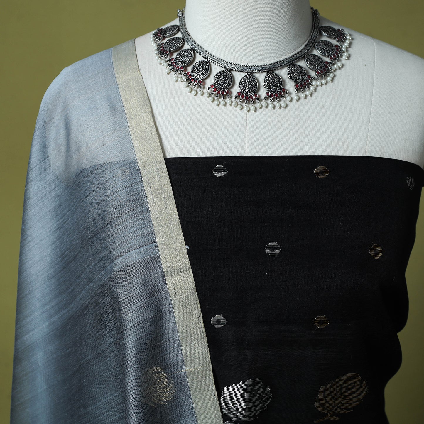 Black - Handloom Zari Buti Chanderi Silk 2pc Unstitched Dress Material Kurta Set 09
