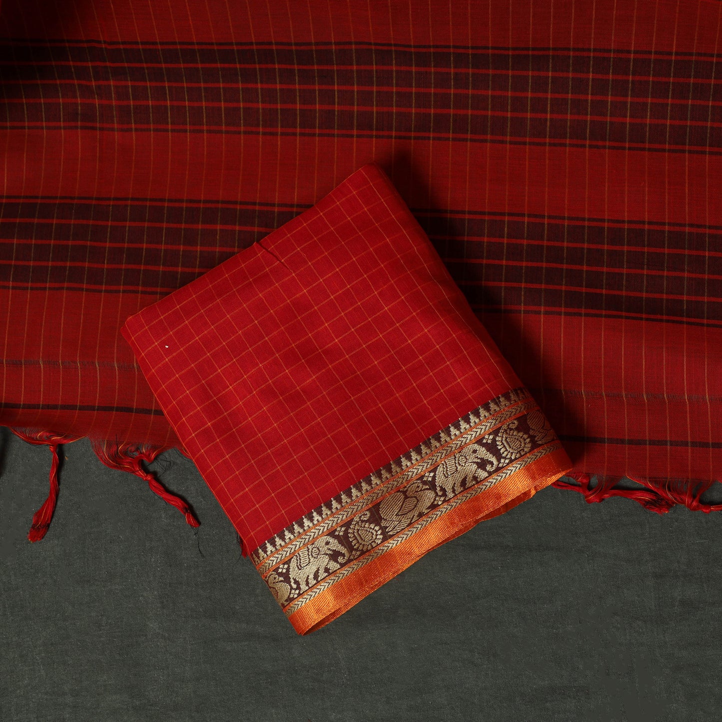 Red - Dharwad Woven Checks Cotton 3pc Unstitched Dress Material Suit Set 39