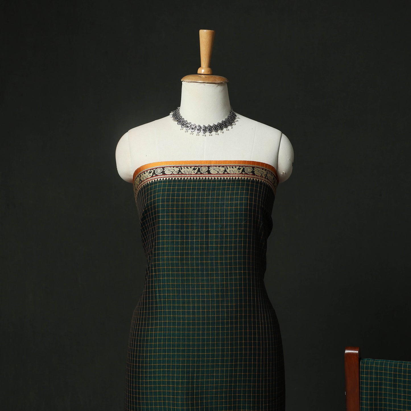Green - Dharwad Woven Checks Cotton 3pc Unstitched Dress Material Suit Set 38