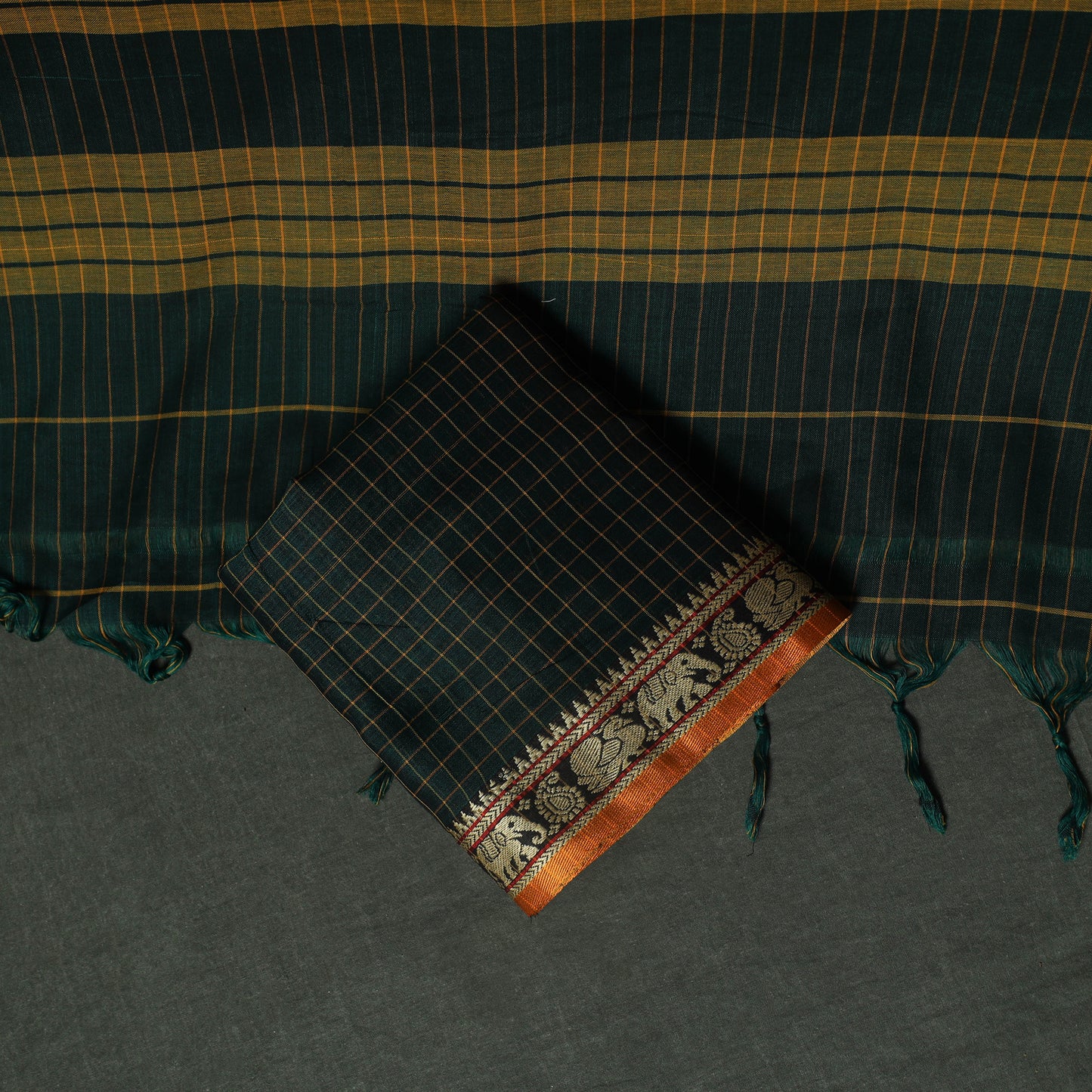 Green - Dharwad Woven Checks Cotton 3pc Unstitched Dress Material Suit Set 38
