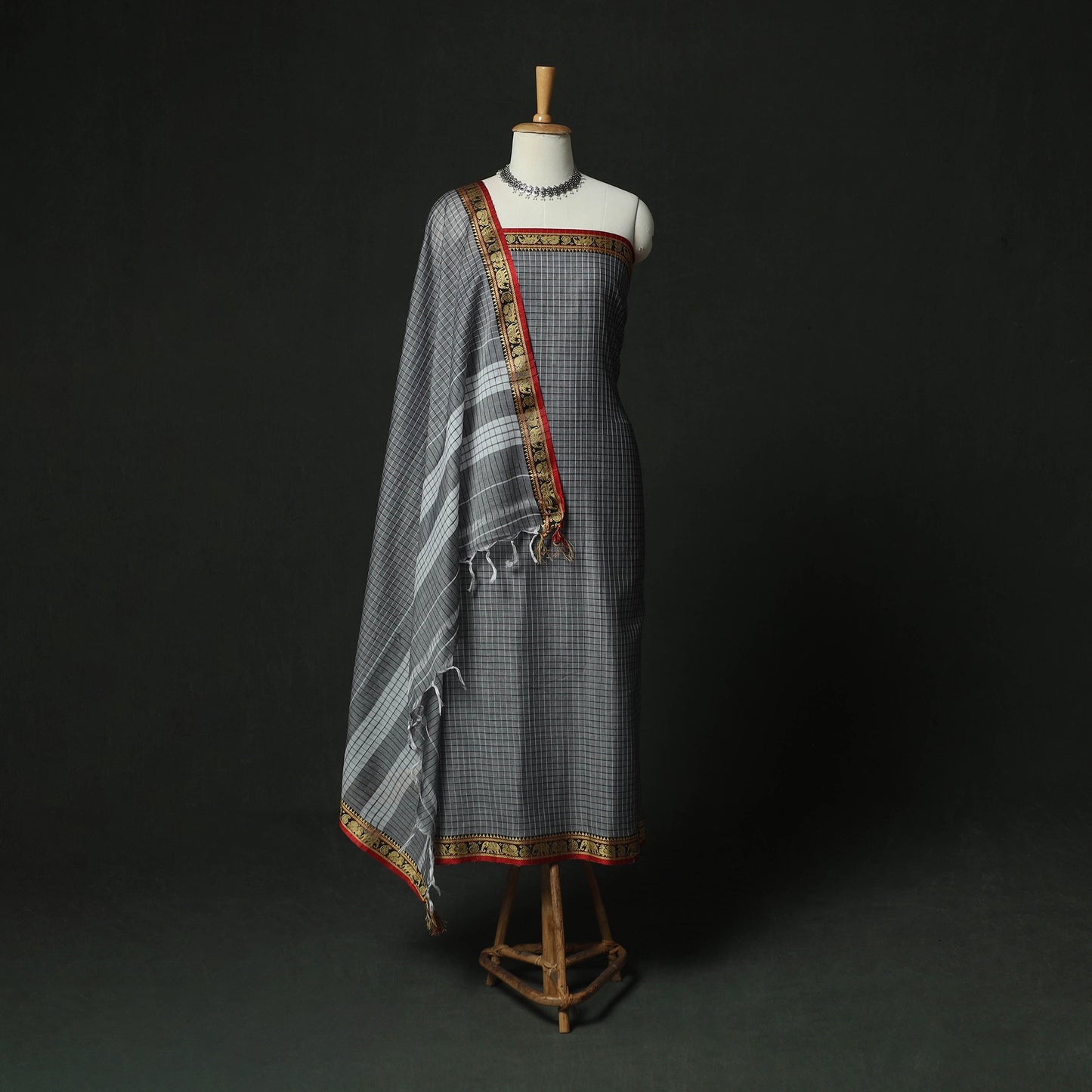 Grey - Dharwad Woven Checks Cotton 3pc Unstitched Dress Material Suit Set 35