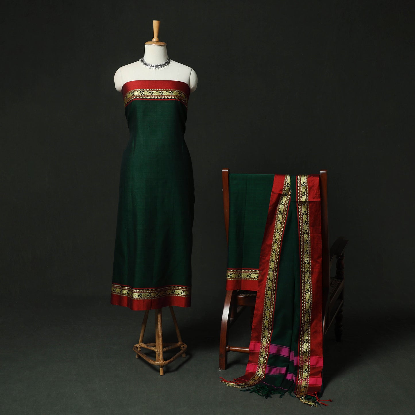 Green - Dharwad Woven Cotton 3pc Unstitched Dress Material Suit Set 02