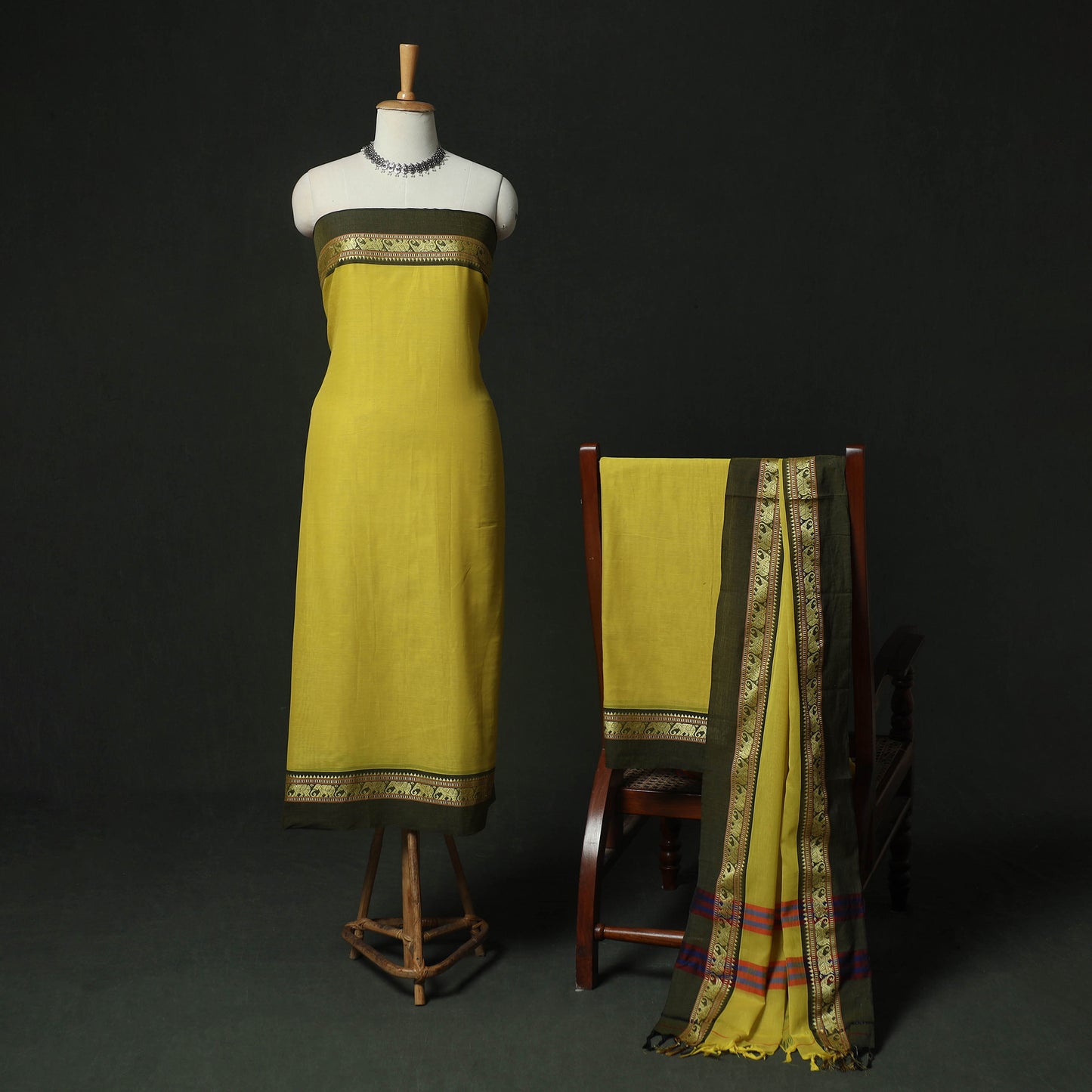 Yellow - Dharwad Woven Cotton 3pc Unstitched Dress Material Suit Set 03