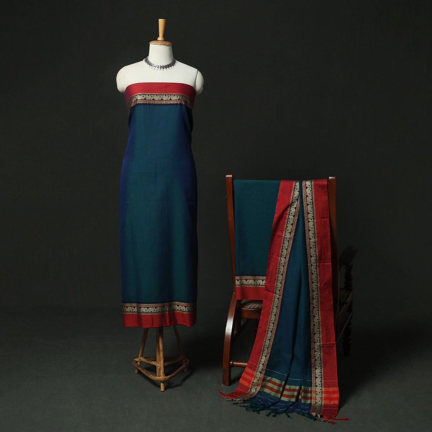 Blue - Dharwad Woven Cotton 3pc Unstitched Dress Material Suit Set 04