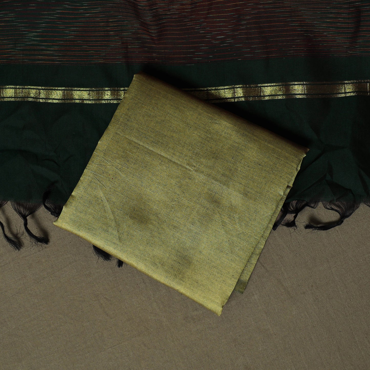 Green - Pochampally Ikat Silk Cotton 3pc Unstitched Dress Material Suit Set 13