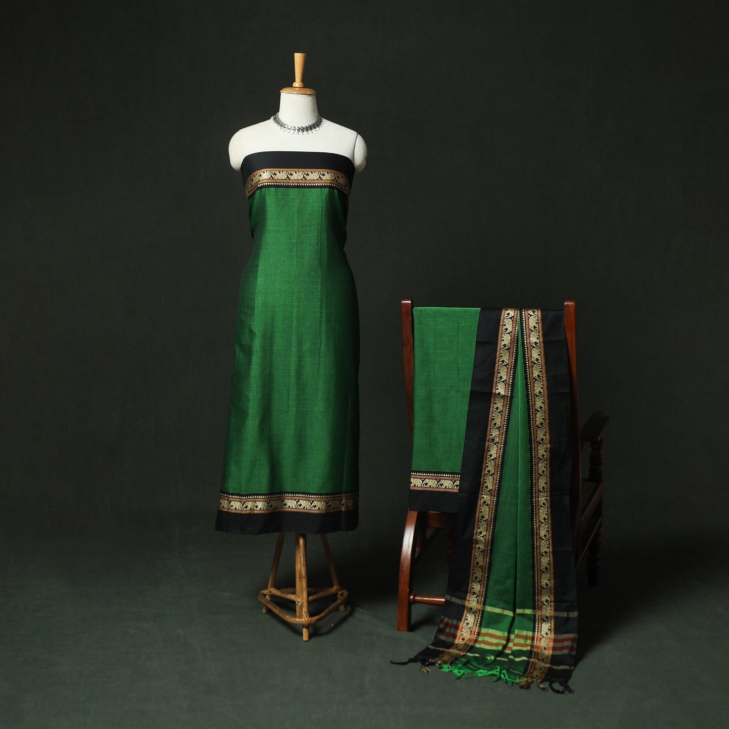 Green - Dharwad Woven Cotton 3pc Unstitched Dress Material Suit Set 08