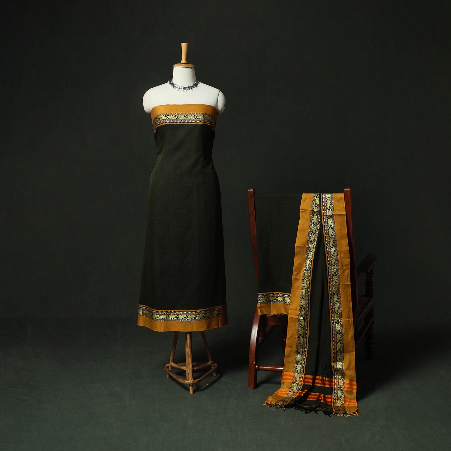 Green - Dharwad Woven Cotton 3pc Unstitched Dress Material Suit Set 11