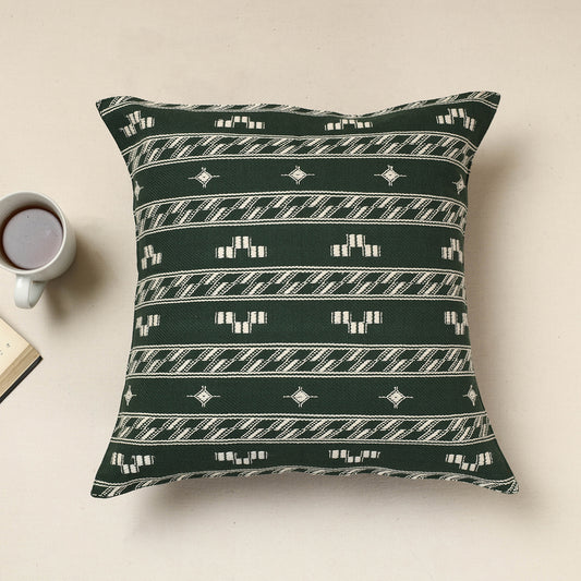 Green - Urmul Kashida Stitch Handloom Cotton Cushion Cover (16 x 16 in)