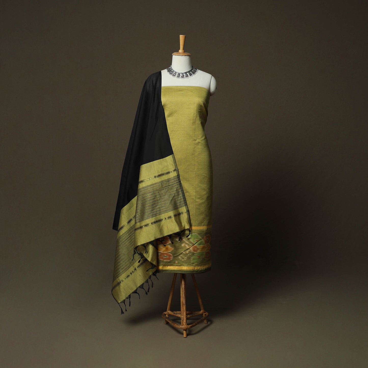 Green - Pochampally Ikat Silk Cotton 3pc Unstitched Dress Material Suit Set 27