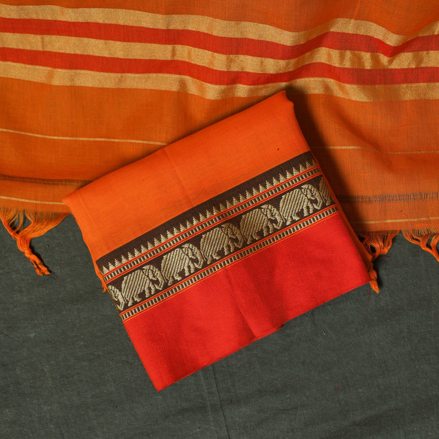 Orange - Dharwad Woven Cotton 3pc Unstitched Dress Material Suit Set 22