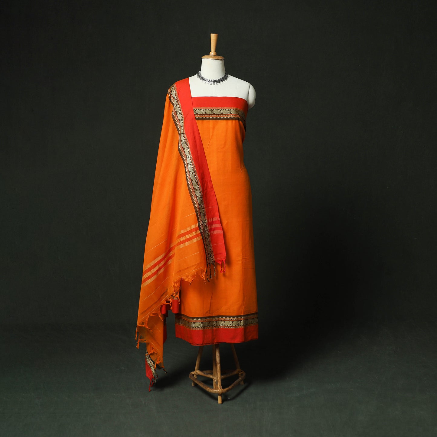 Orange - Dharwad Woven Cotton 3pc Unstitched Dress Material Suit Set 22