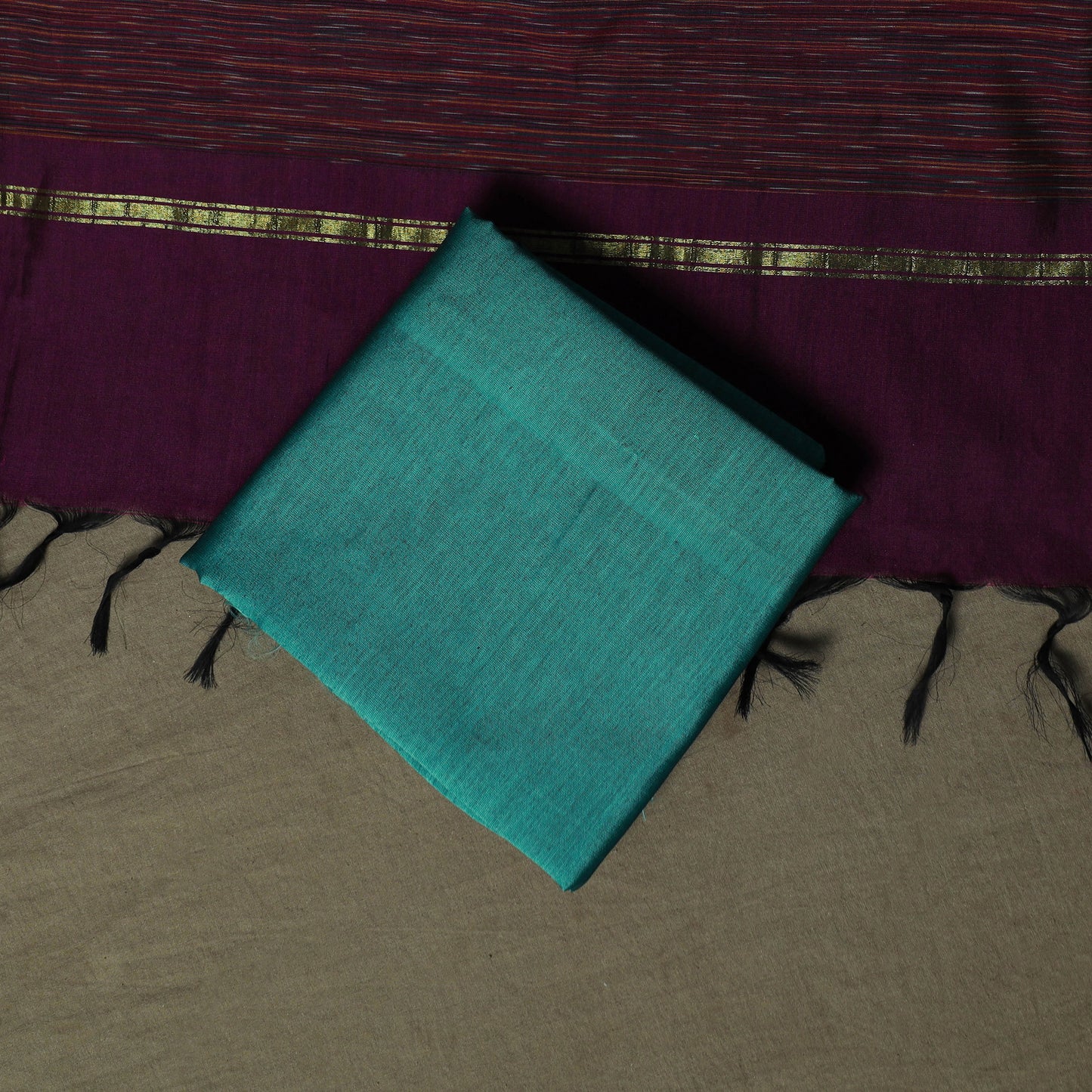 Purple - Pochampally Ikat Silk Cotton 3pc Unstitched Dress Material Suit Set 34