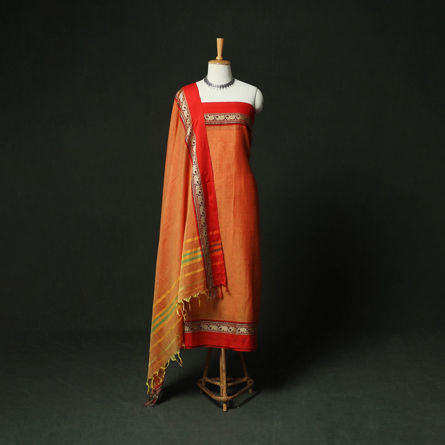 Orange - Dharwad Woven Cotton 3pc Unstitched Dress Material Suit Set 32
