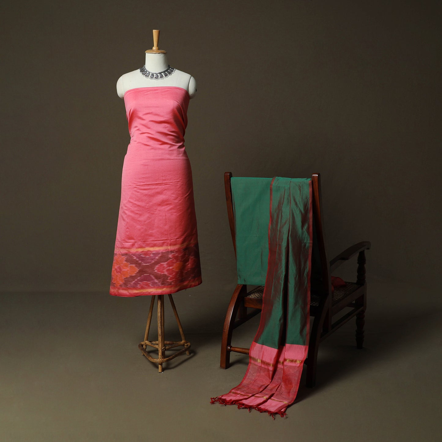 Pink - Pochampally Ikat Silk Cotton 3pc Unstitched Dress Material Suit Set 38