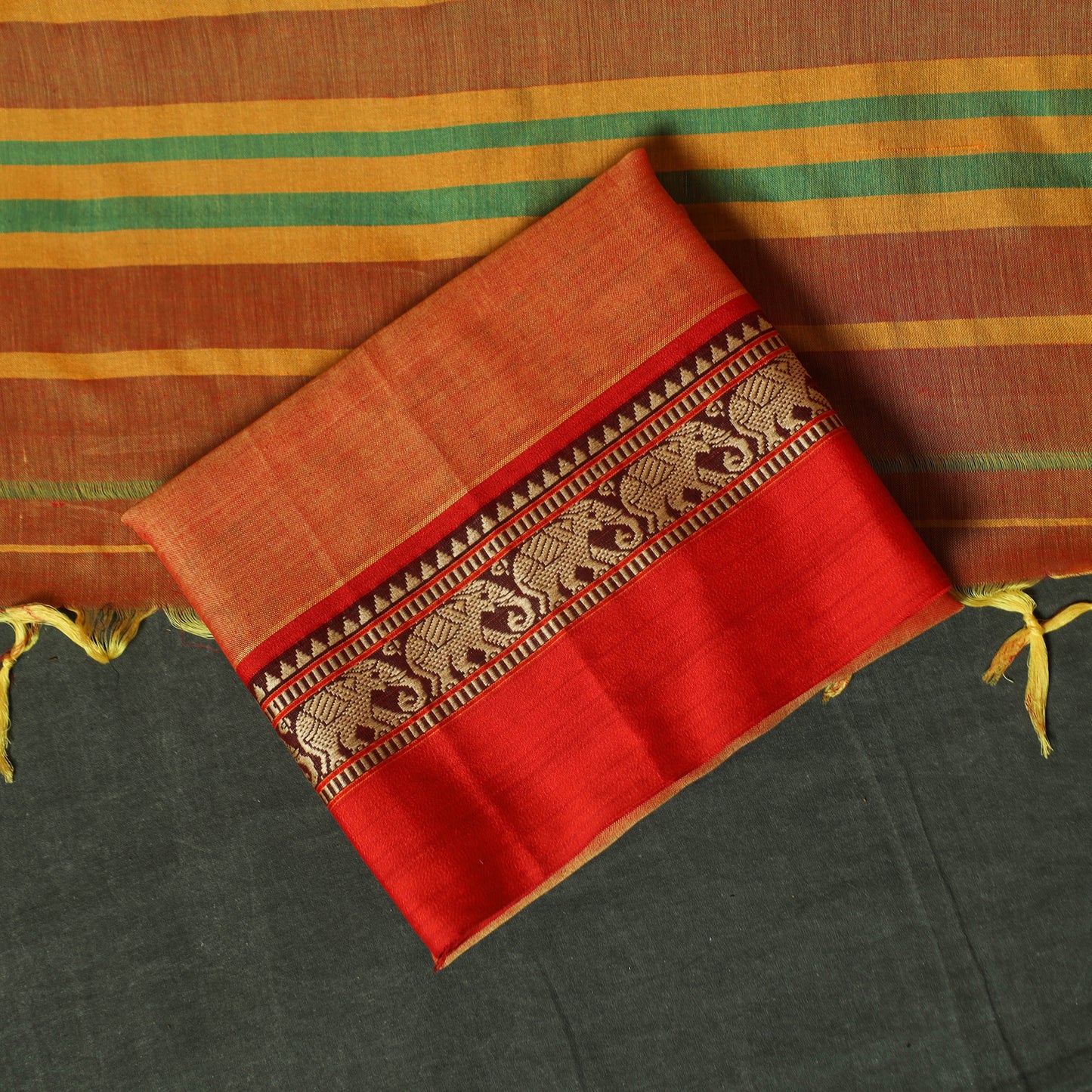 Orange - Dharwad Woven Cotton 3pc Unstitched Dress Material Suit Set 32