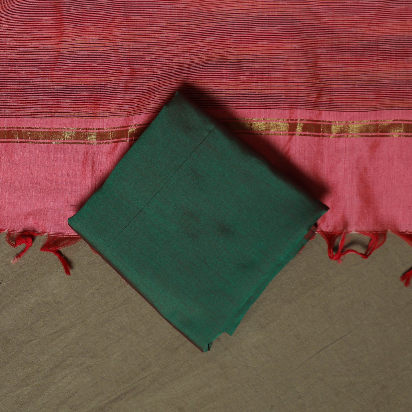 Pink - Pochampally Ikat Silk Cotton 3pc Unstitched Dress Material Suit Set 38